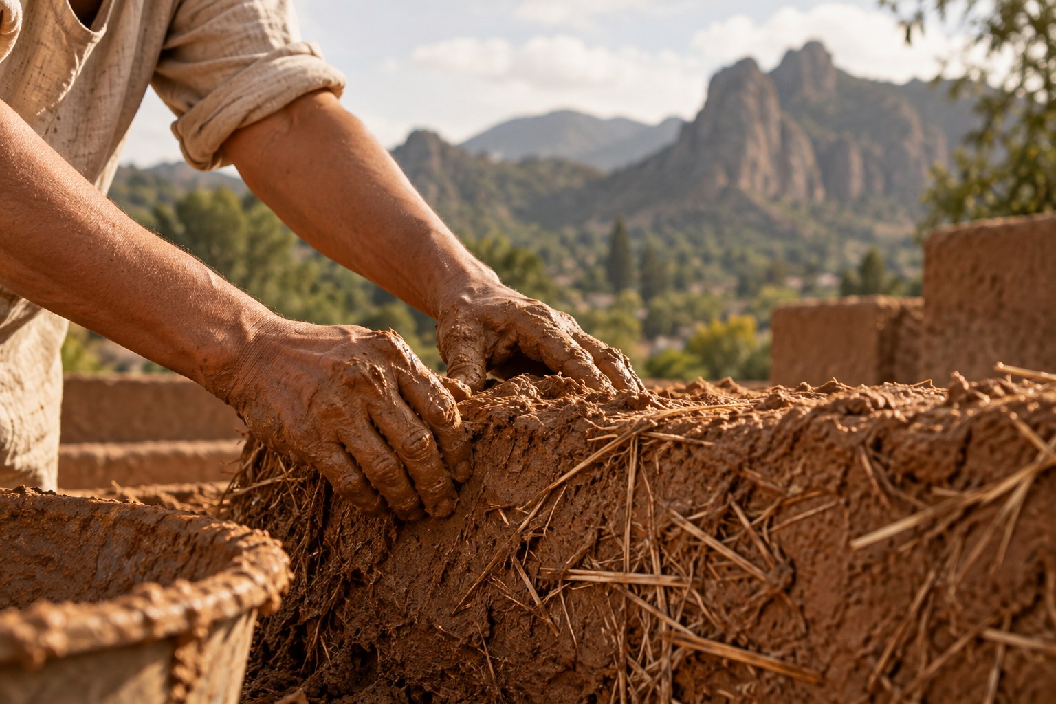 Manos trabajando una mezcla de tierra y fibras naturales, con montañas al fondo
